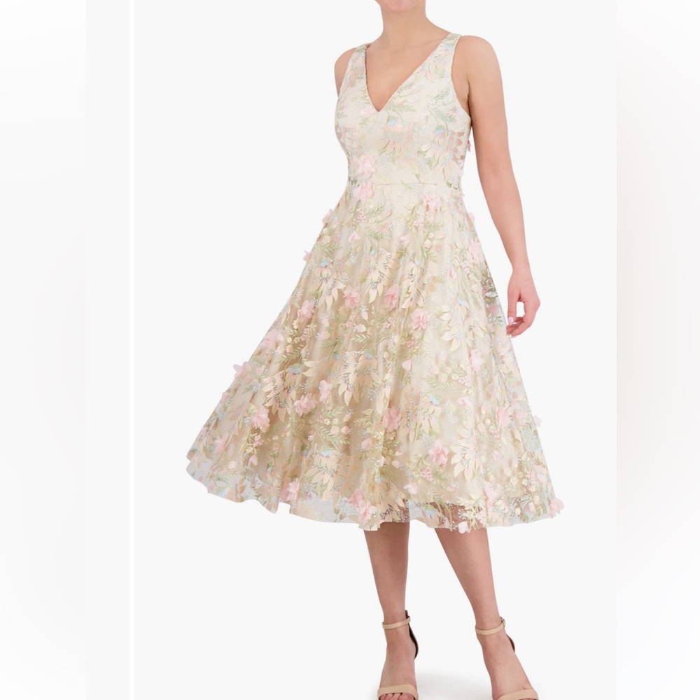 Eliza J Floral Appliqué V-Neck Fit and flare Cream Dress